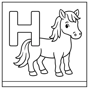 page de coloriage de la lettre H avec un cheval pour enfants à imprimer gratuitement