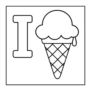 page de coloriage de la lettre I avec une glace, à imprimer gratuitement