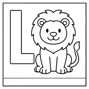 Página para colorear de la letra L con león para imprimir gratis