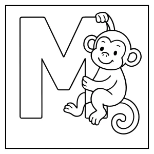Malvorlage Buchstabe M mit Affe – kostenlose coloring page zum Ausdrucken und Ausmalen