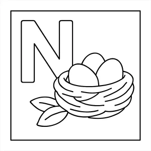 Página para colorear de la letra N con un nido, imprimible y gratuita para niños