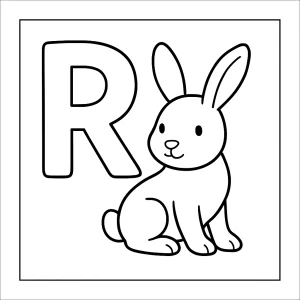 página para colorear de la letra R con conejo para niños, imprimible y gratis