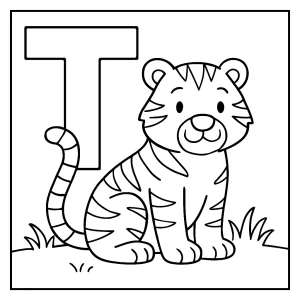 page de coloriage de la lettre T avec un tigre pour enfants à imprimer gratuitement