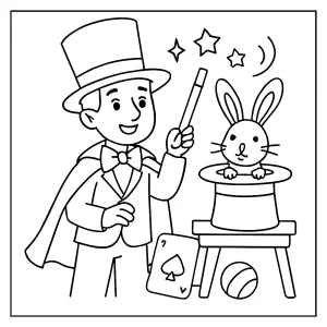 Magische Zaubershow Malvorlage – coloring page mit Zauberer, Hut und Kaninchen zum Ausmalen