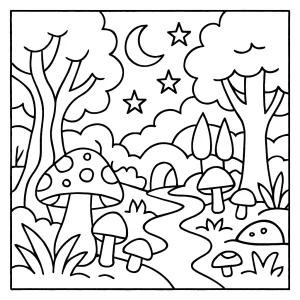 Kúzelný les omalovánka – magická lesná coloring page na vytlačenie zdarma pre deti