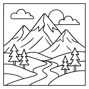 Página para colorear de paisaje de montañas gratis para imprimir