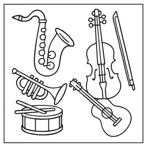 Hudobné nástroje omalovánka – coloring page na vyfarbenie pre deti