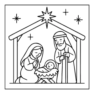 Página para colorear del nacimiento con María, José y el Niño Jesús en el pesebre. Ilustración para imprimir y colorear.
