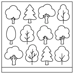 Once árboles página para colorear, dibujo imprimible gratis para niños