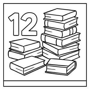 Página para colorear de doce libros apilados, imprimible y gratuita para niños