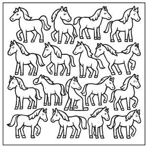 Página para colorear de 18 caballos, ilustración imprimible para niños con dieciocho caballos para colorear.