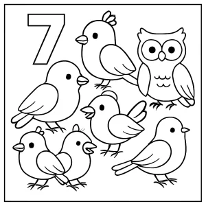 Page de coloriage gratuite représentant 7 oiseaux perchés, idéale pour les enfants