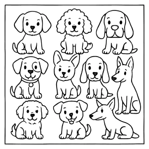 Malvorlage von 9 Hunden – kostenlose Hunde coloring page zum Ausdrucken für Kinder