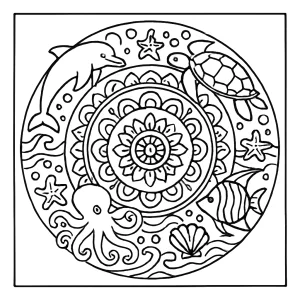 page de coloriage mandala océan avec motifs marins à imprimer gratuitement