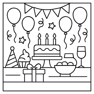 Page de coloriage de table de fête avec gâteaux, ballons et décorations à imprimer