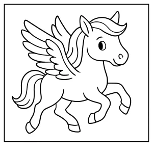 Page de coloriage Pégase gratuite à imprimer pour enfants, illustration d'un cheval ailé fantastique