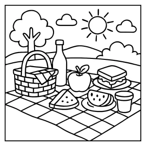 Picknick Malvorlage – Ausmalbild für Kinder, kostenlose coloring page mit Picknickszene