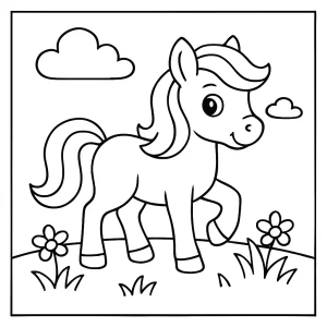 Adorable pony coloring page for kids to print and color, featuring a cute pony with a flowing mane and tail.