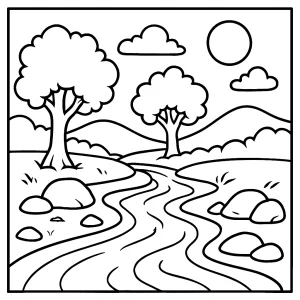 River Flow página para colorear: escena de un río fluyendo, lista para imprimir y colorear