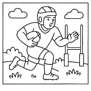 Rugby página para colorear gratis con jugadores, balón y campo para imprimir
