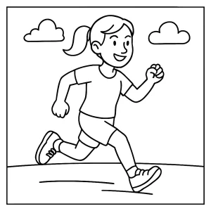 Page de coloriage gratuite représentant un enfant en train de courir, idéale pour les activités créatives et l’apprentissage du sport.