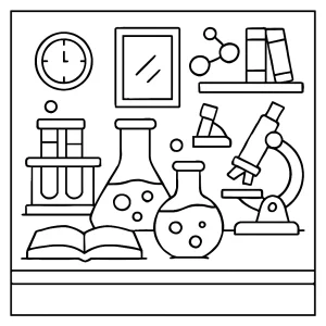 Malvorlage Wissenschaftslabor – coloring page mit Labor, Reagenzgläsern und Mikroskop zum Ausmalen