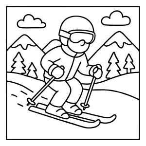 page de coloriage ski alpin gratuite, illustration d'un skieur descendant une montagne enneigée à colorier