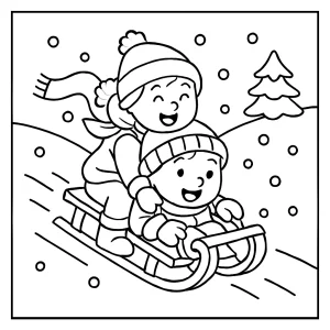 page de coloriage d'enfants en luge dévalant une pente enneigée