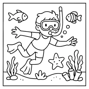 Page de coloriage de plongée avec tuba à imprimer gratuitement, représentant un enfant explorant l'océan