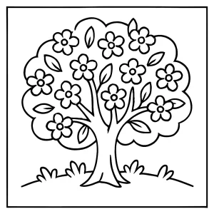 Spring tree coloring page featuring a blooming tree for kids to color – free printable coloring page