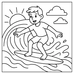 Surfen am Strand Malvorlage – coloring page mit Surfer auf einer großen Welle zum Ausmalen