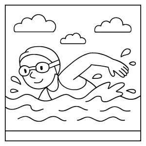 Swimming adventure coloring page featuring a swimmer in the pool, free printable coloring page for kids