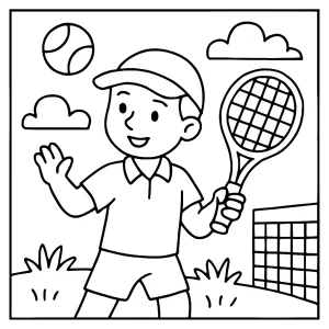 Tenisová omaľovánka – coloring page s hráčmi tenisu na kurte pripravená na vytlačenie a vyfarbenie