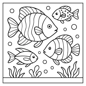 Peces tropicales página para colorear, dibujo imprimible para niños con animales marinos