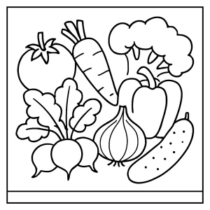 Página para colorear de verduras con dibujos de zanahorias, brócoli y otros vegetales para imprimir y colorear