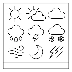page de coloriage d'icônes météo avec soleil, nuages, pluie, éclairs et arc-en-ciel à imprimer gratuitement