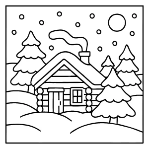 Winterhütte Malvorlage – kostenlose coloring page zum Ausdrucken für Kinder