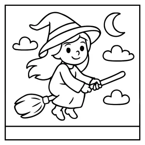 Página para colorear de una bruja mágica con sombrero y escoba, ideal para niños