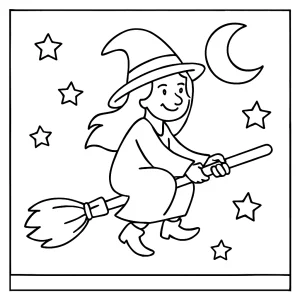 page de coloriage de sorcière sur son balai à imprimer gratuitement pour enfants