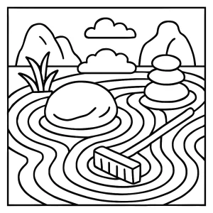 Página para colorear de jardín zen con piedras, arena y plantas para imprimir y colorear gratis
