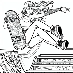 Omalovánka odvážné dívky na skateboardu, která provádí kickflip přes graffiti rampu