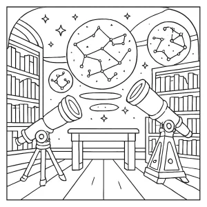 page de coloriage représentant une bibliothèque cosmique avec cartes d’étoiles holographiques et télescopes anciens à colorier