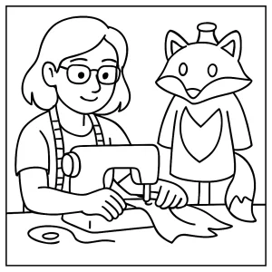 Omalovánka návrhářky šijící liščí kostým – coloring page k vybarvení zdarma