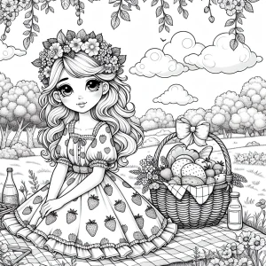 Cottagecore Picnic Girl omalovánka – dívka v květinové koruně a jahodových šatech na pikniku v louce, coloring page pro děti