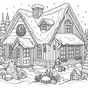 Casa acogedora bajo la nieve, página para colorear imprimible gratis para niños y adultos