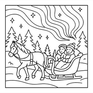 Zimní omalovánka – coloring page s jízdou na saních pod polární září, vhodná pro děti k vybarvování