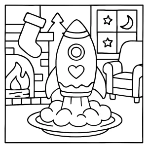 página para colorear de un cohete de jengibre lanzándose en una escena acogedora, imprimible para niños