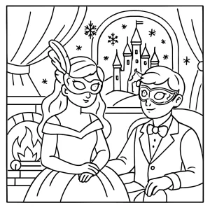 Omalovánka: maškarní ples v ledovém zámku – coloring page ke stažení zdarma