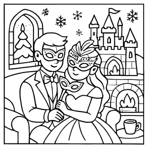 Omalovánka – coloring page s maškarním plesem v ledovém zámku, tisknutelná zdarma
