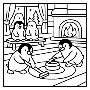 Tučňáci hrají curling – omalovánka zdarma coloring page pro tisk a vybarvení